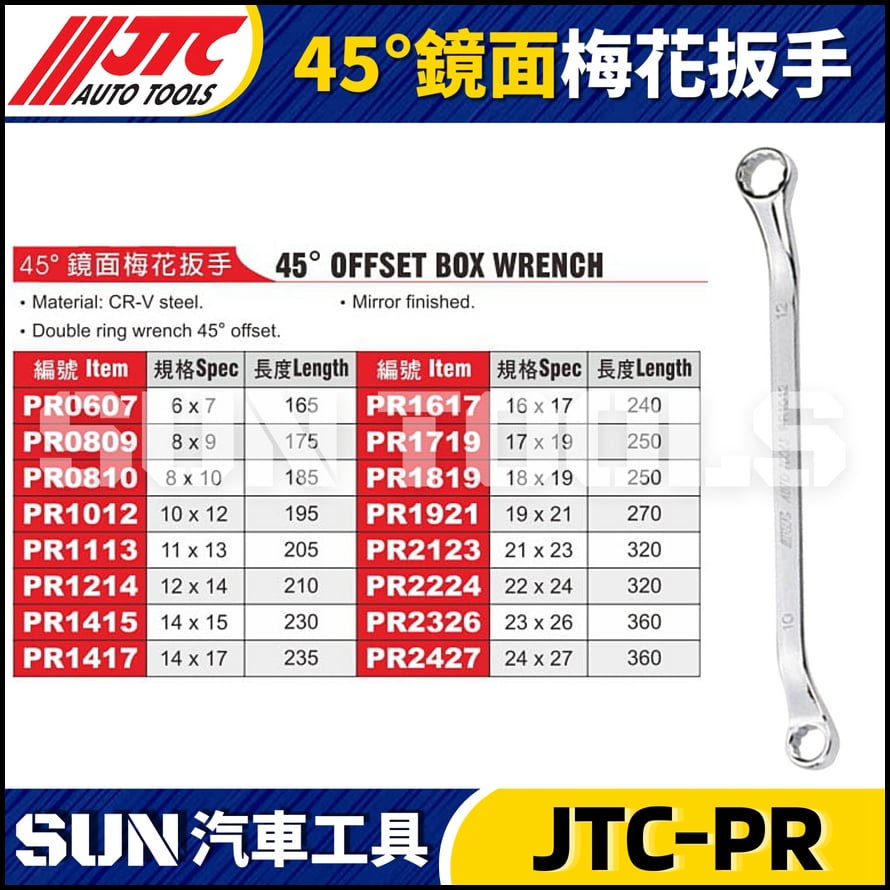JTC-PR0607 0809 0810 1012 1113 1214 1415 1417 1617 1719 1819 1921 2123 2224 2326 2427  45°鏡面梅花扳手