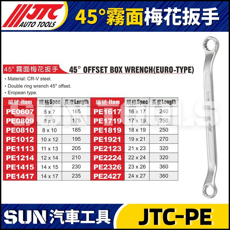 JTC-PE0607 0809 0810 1012 1113 1214 1415 1417 1617 1719 1819 1921 2123 2224 2326 2427 45° 霧面梅花板手
