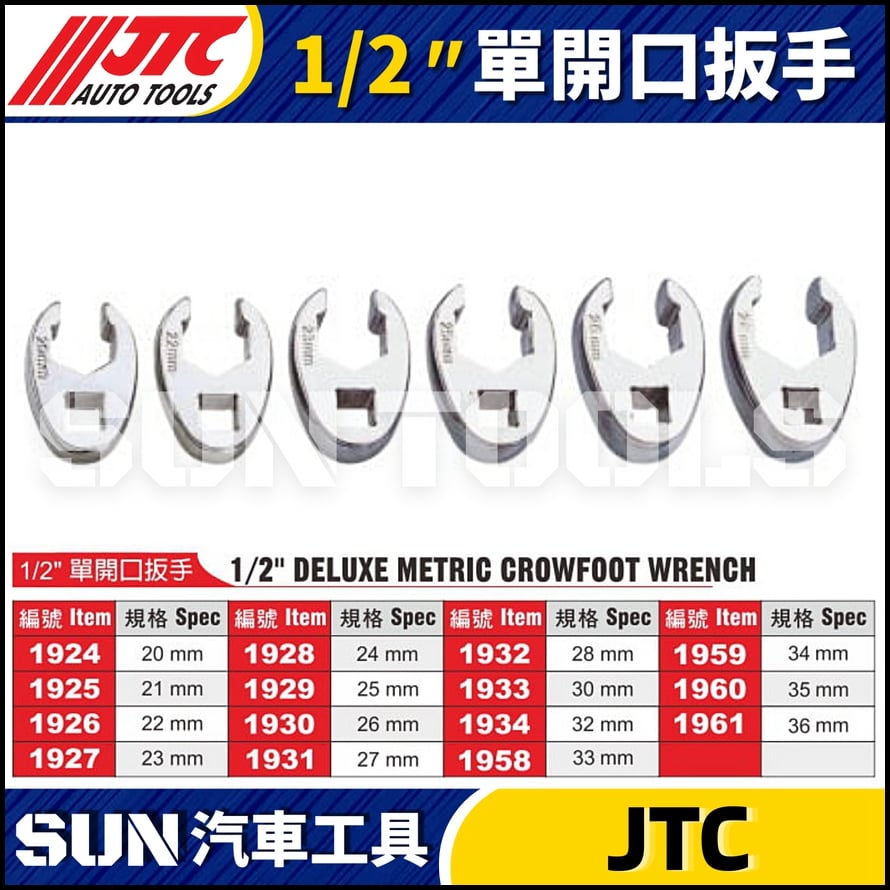 JTC-1924 1925 1926 1927 1928 1929 1930 1931 1932 1933 1934 1958 1959 1960 1961  1/2" 單開口扳手