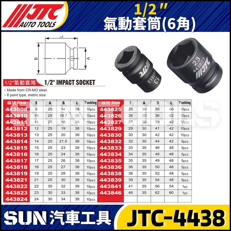 JTC-443808 443810 443811 443812 1/2" 氣動套筒 (六角)