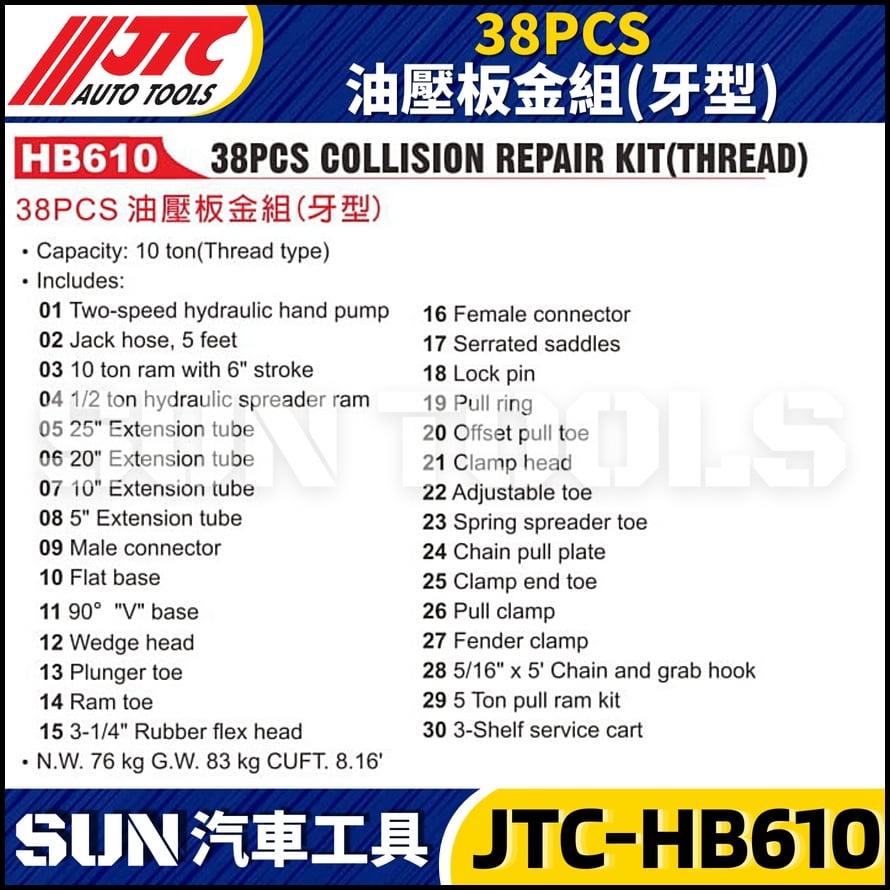 JTC-HB610 38PCS 油壓板金組 (牙型)