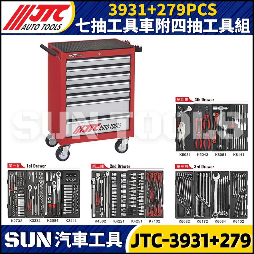 JTC-3931+279PCS 七抽工具車附四抽工具組
