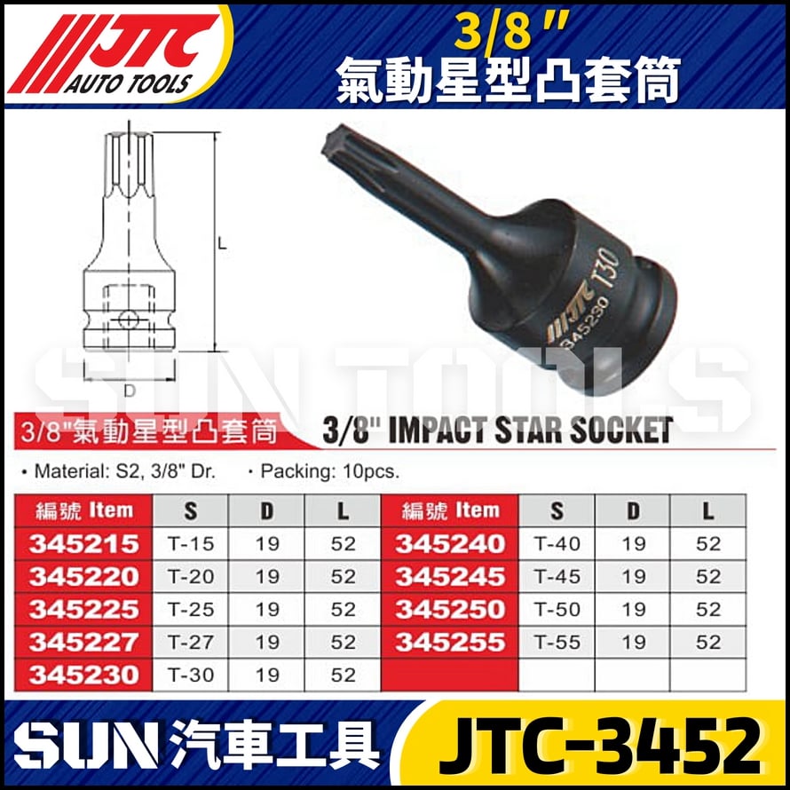 JTC-345215 345220 345225 345227 345230 345240 345245 345250 345255 3/8'' 氣動星型凸套筒