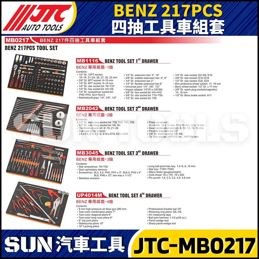 JTC-MB0217 BENZ 217PCS 四抽工具車組套