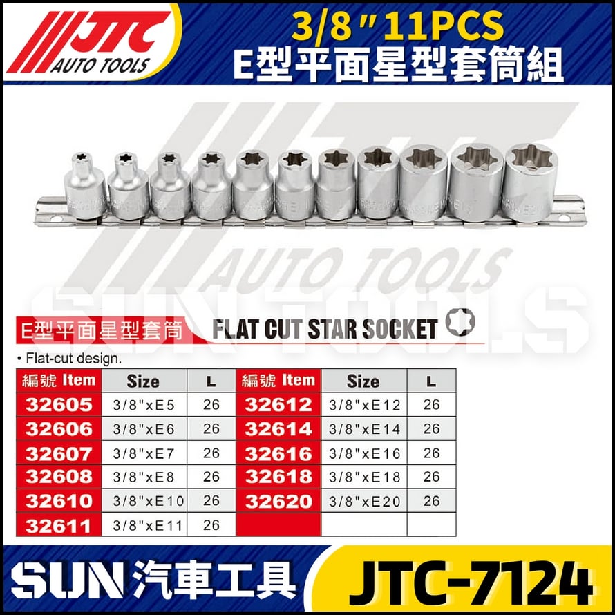 JTC-7124 3/8" 11PCS E型平面星型套筒組