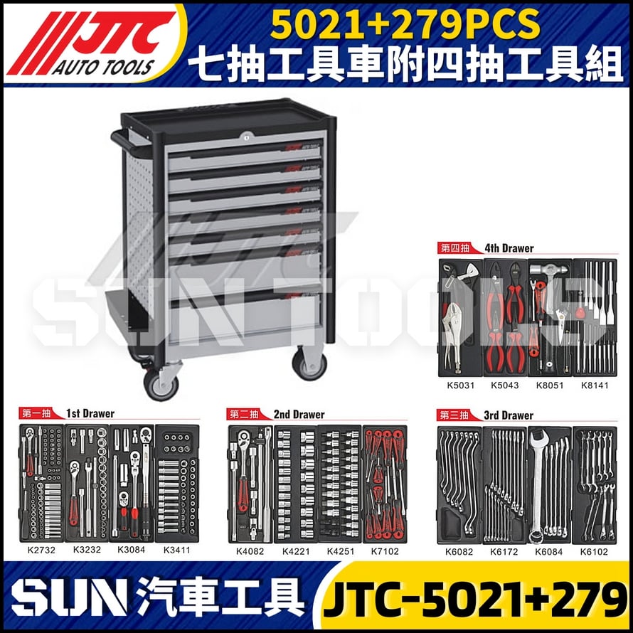 JTC-5021+279PCS 七抽工具車附四抽工具組