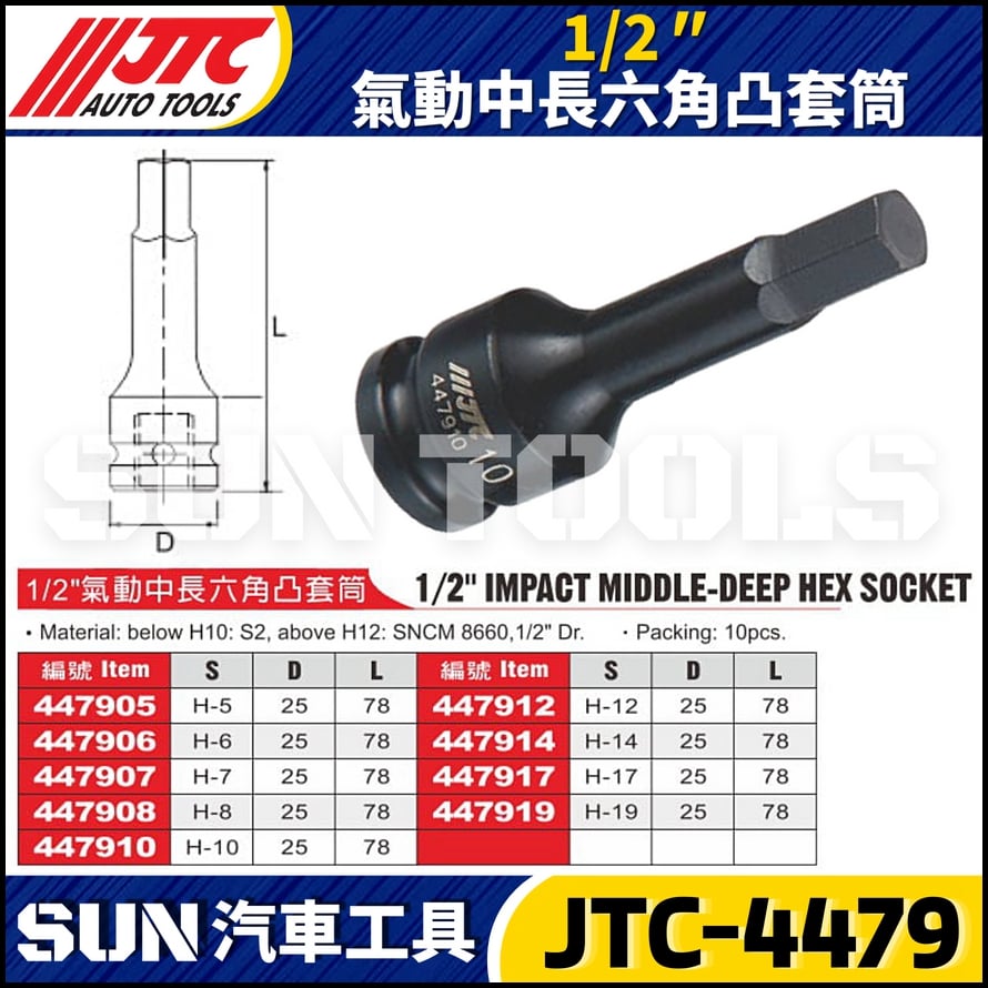 JTC-4479 1/2" 氣動中長六角凸套筒