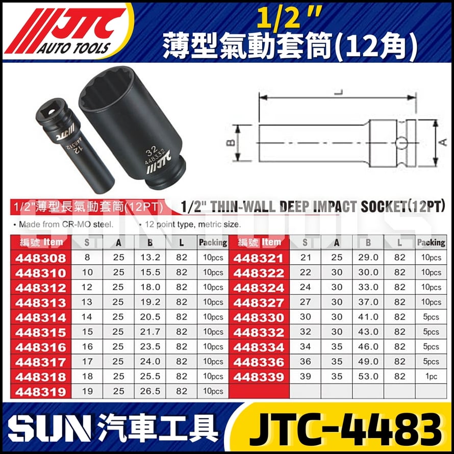 JTC-448308 448310 448312 448313 448314  1/2" 薄型氣動套筒 (12角)
