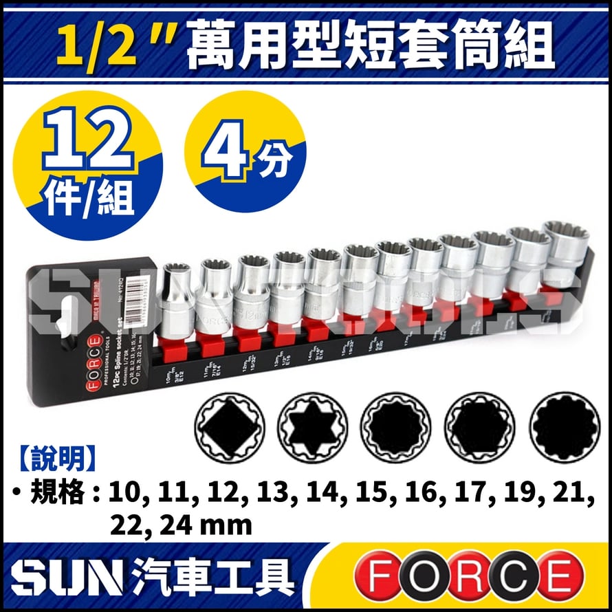 FORCE-4124Q 12件 4分 萬用型短套筒組 FORCE-4124Q 12件 4分 萬用型短套筒組