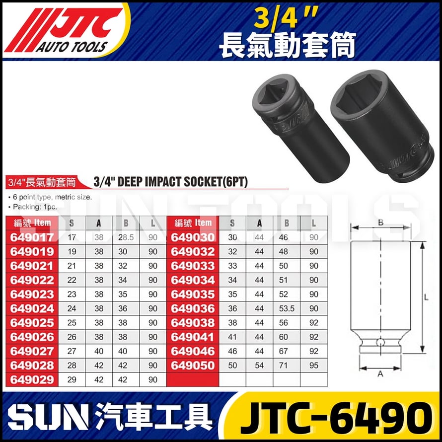 JTC-649017 649019 649021 649022 649023 649024 3/4" 長氣動套筒 (6角)