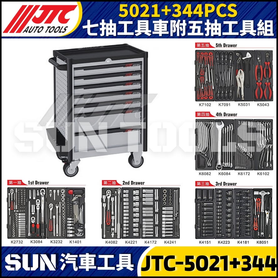 JTC-5021+344PCS 七抽工具車附五抽工具組