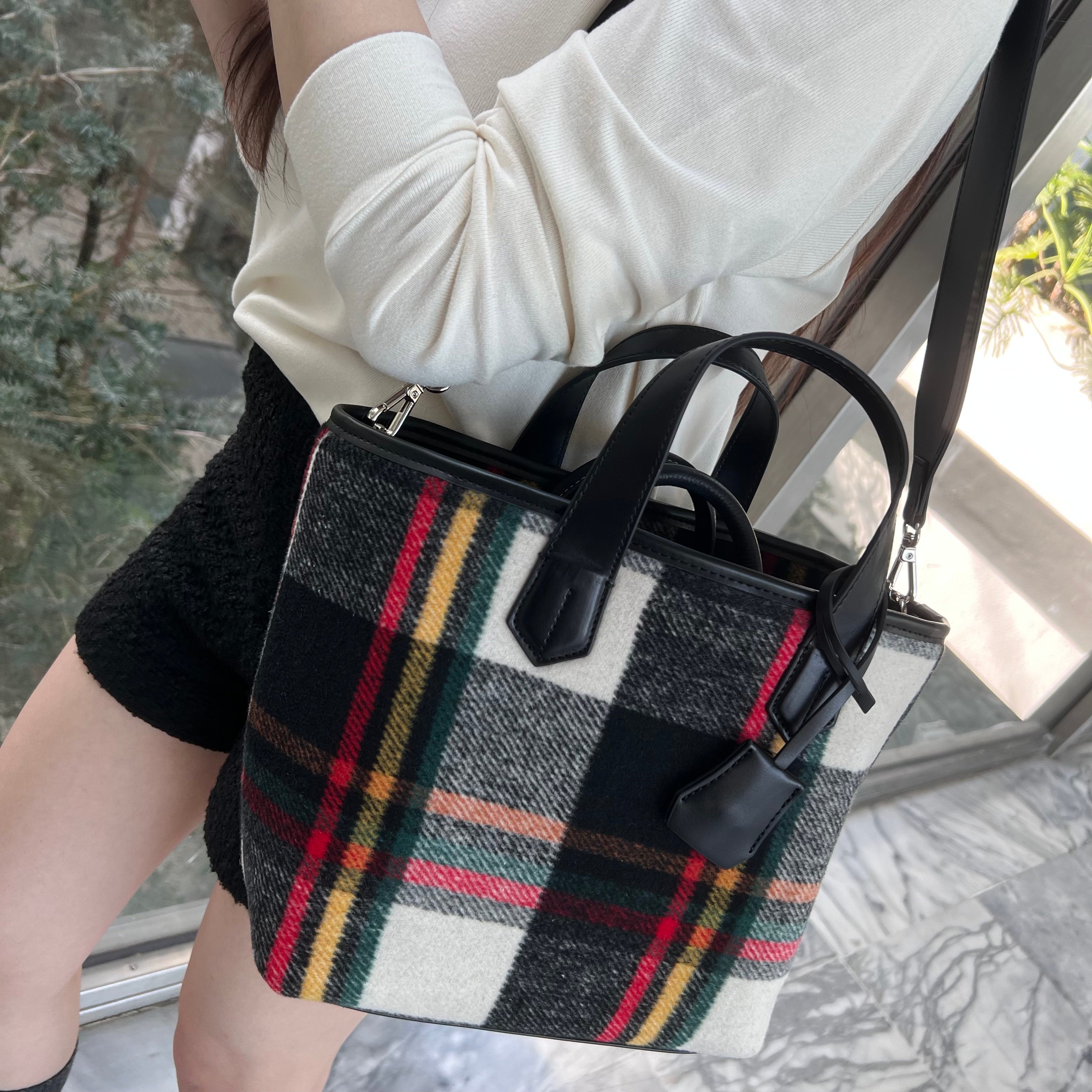 格紋毛呢托特包[grid tote bag]