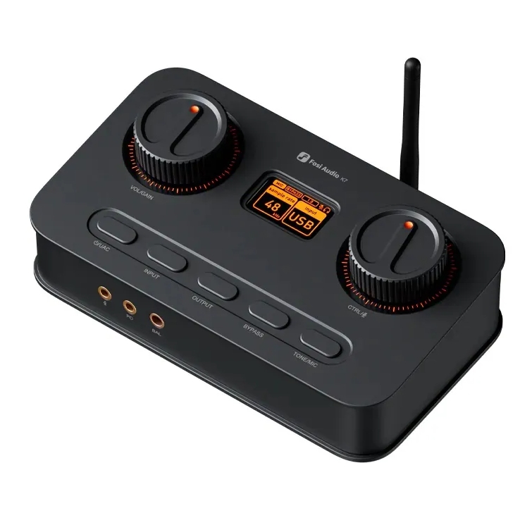 Fosi Audio K7 桌上型 DAC 耳機擴大機 支援 USB、光纖、同軸輸入 具備麥克風輸入與降噪功能