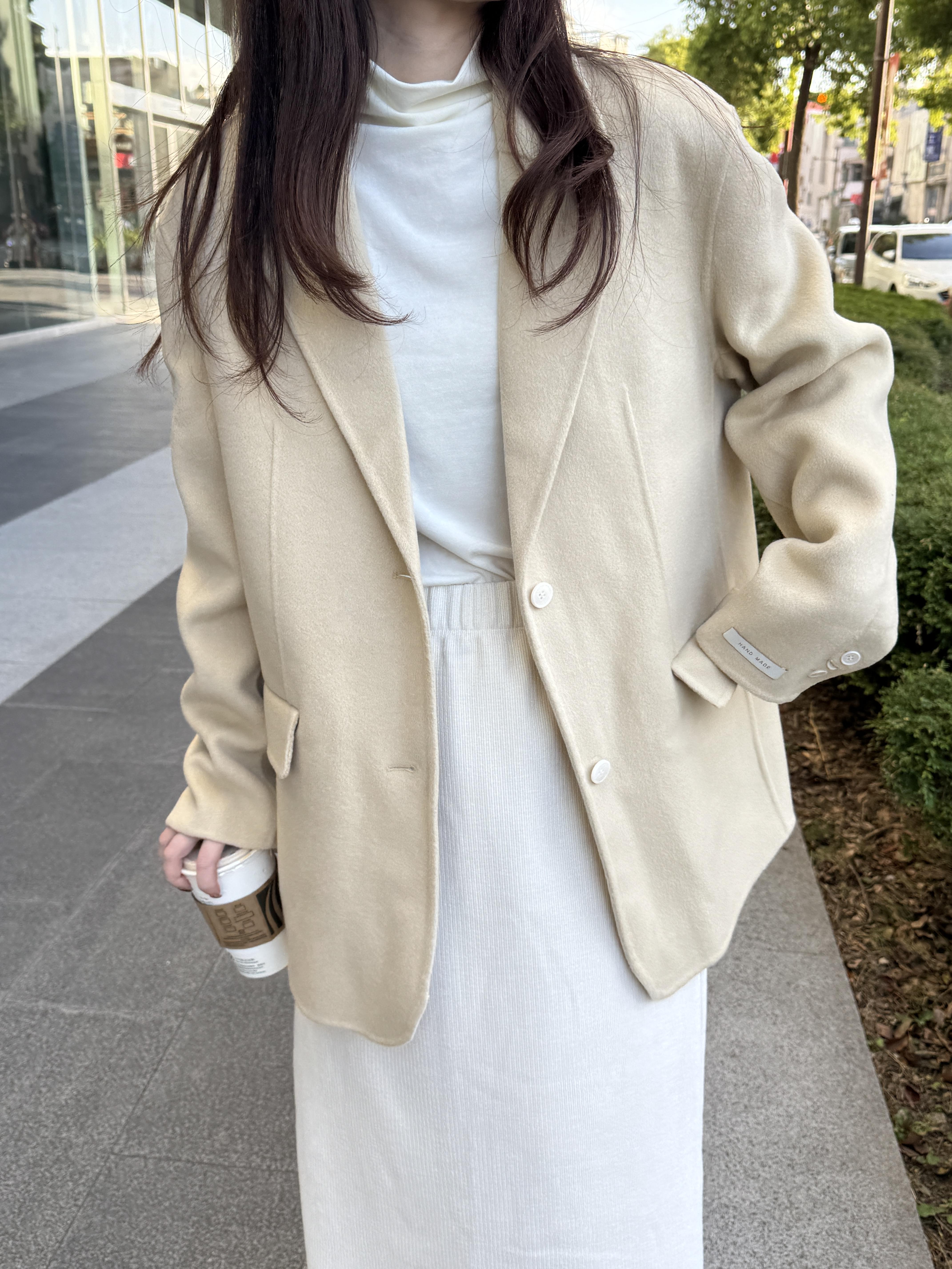 AZ01 奶油米黃西裝領100%羊毛手工大衣