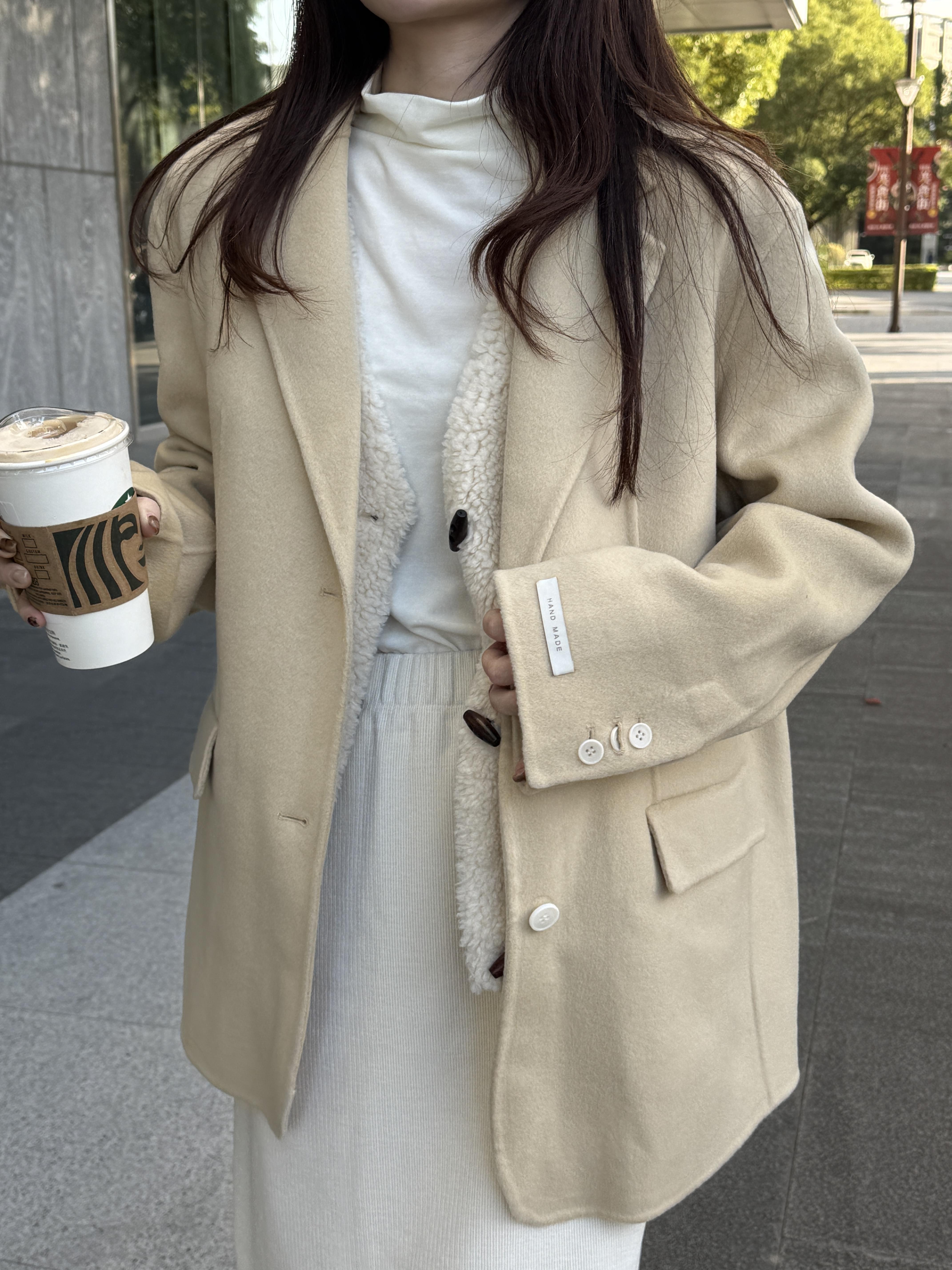 AZ01 奶油米黃西裝領100%羊毛手工大衣