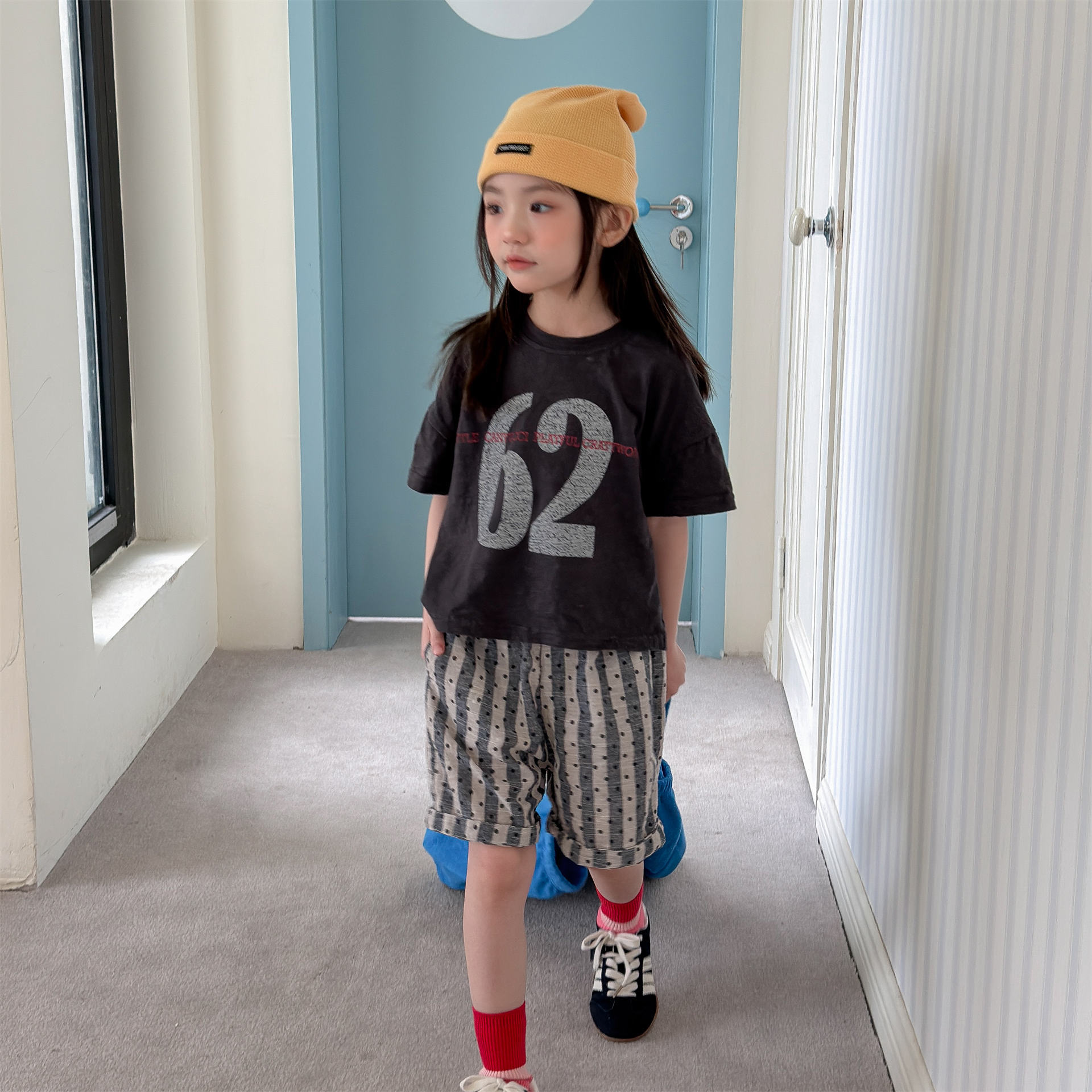 男女童點點寬條五分褲 (彩條/灰杏條)