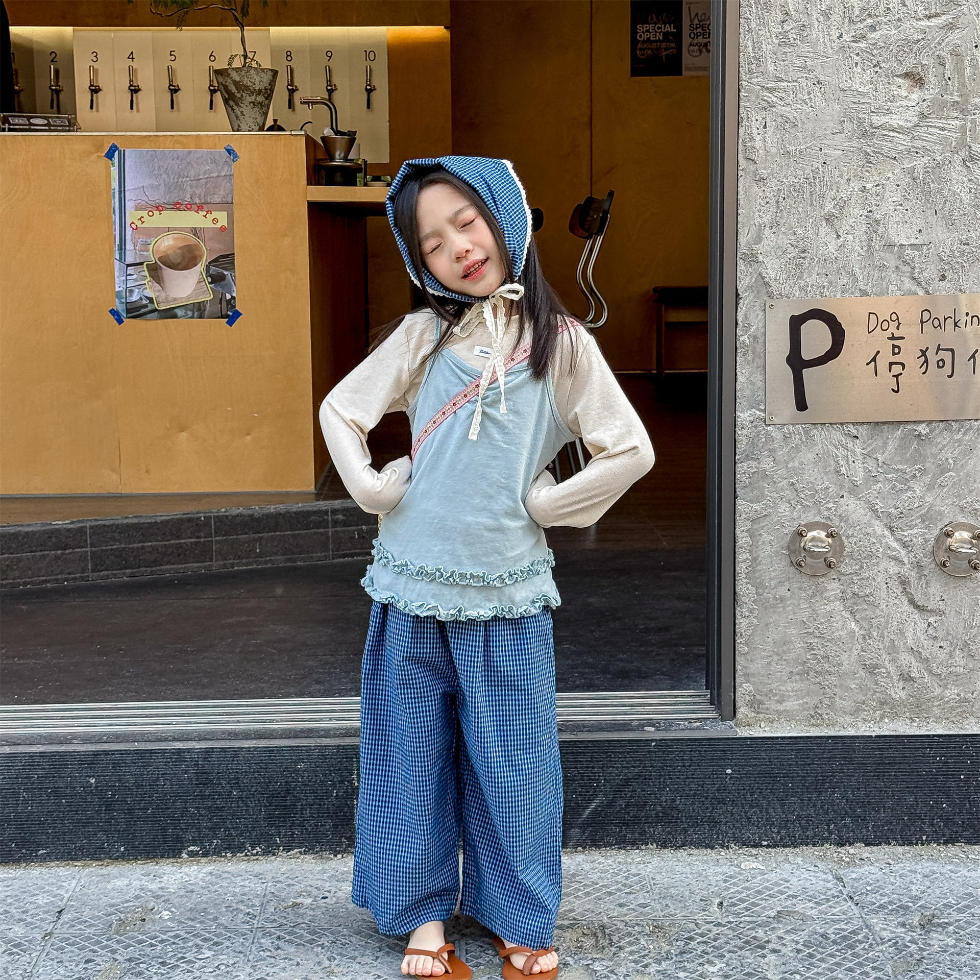 休閒9分寬褲含三角巾 (直條/格紋)