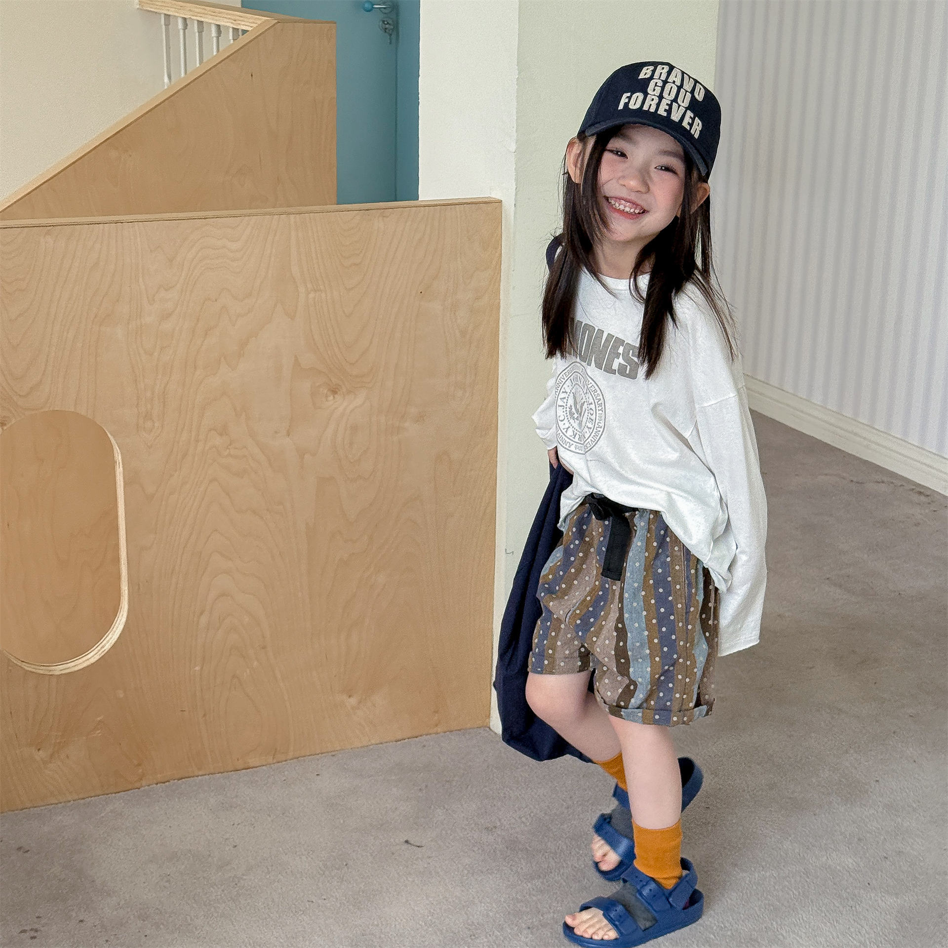 男女童點點寬條五分褲 (彩條/灰杏條)