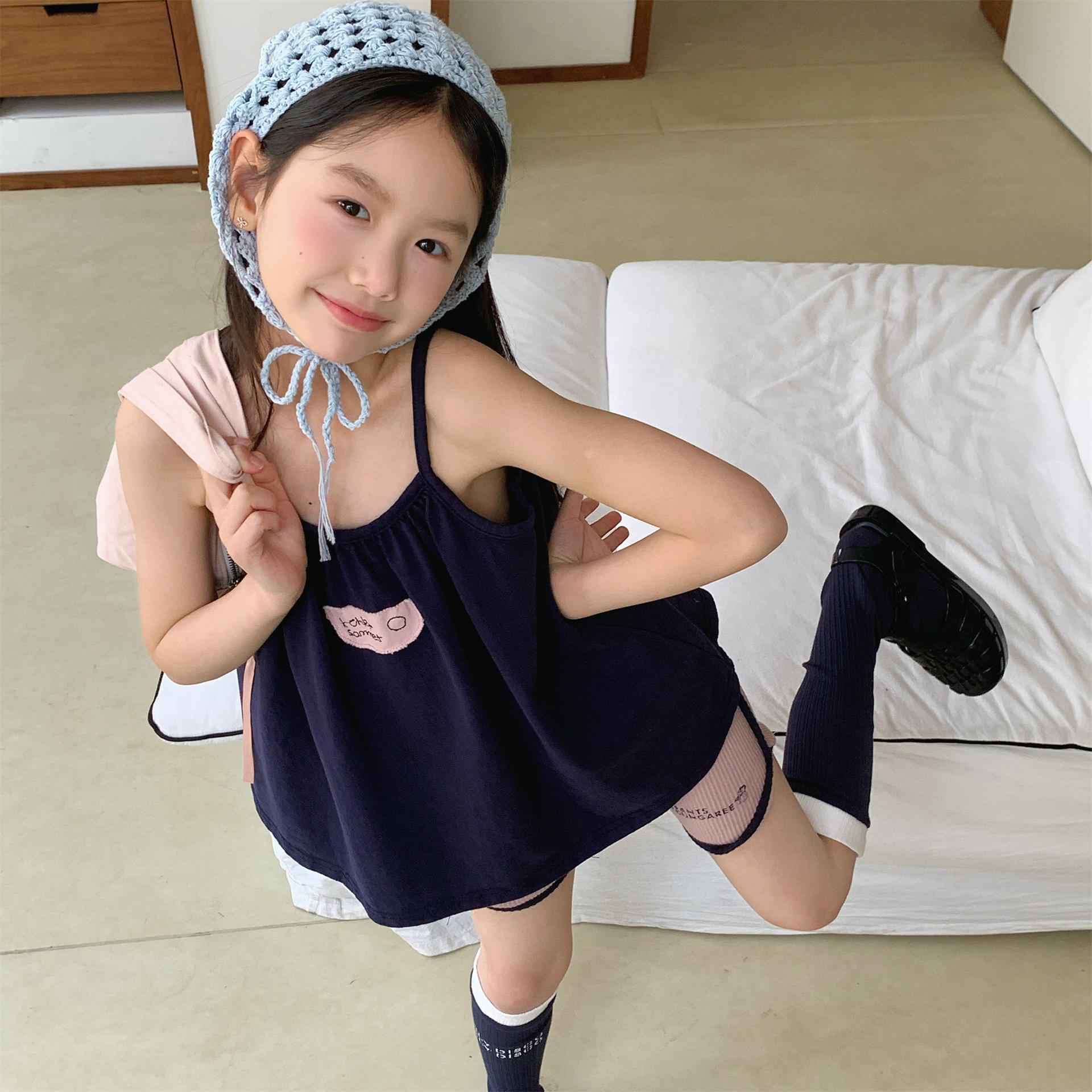 細肩帶抓皺背心 (藏青/粉) 細肩帶抓皺背心 (藏青/粉)