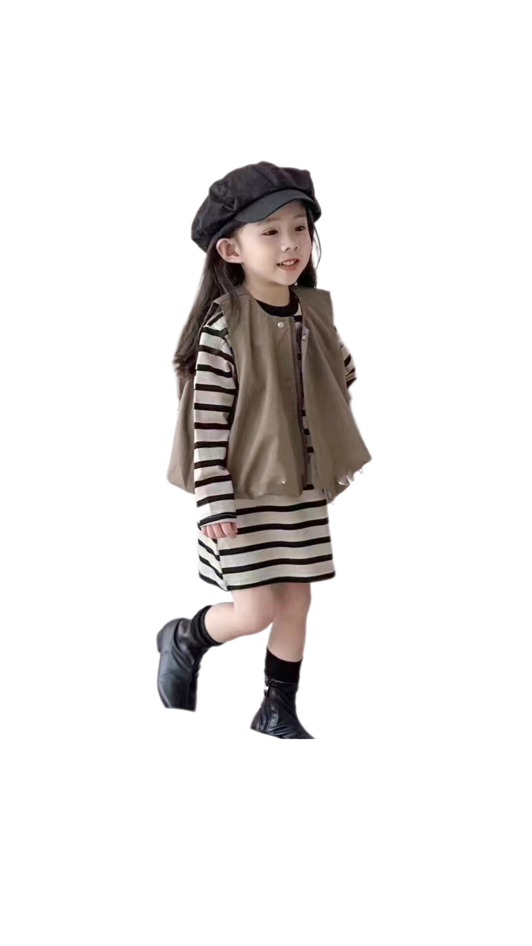 馬甲背心加條紋長洋 (二件套)