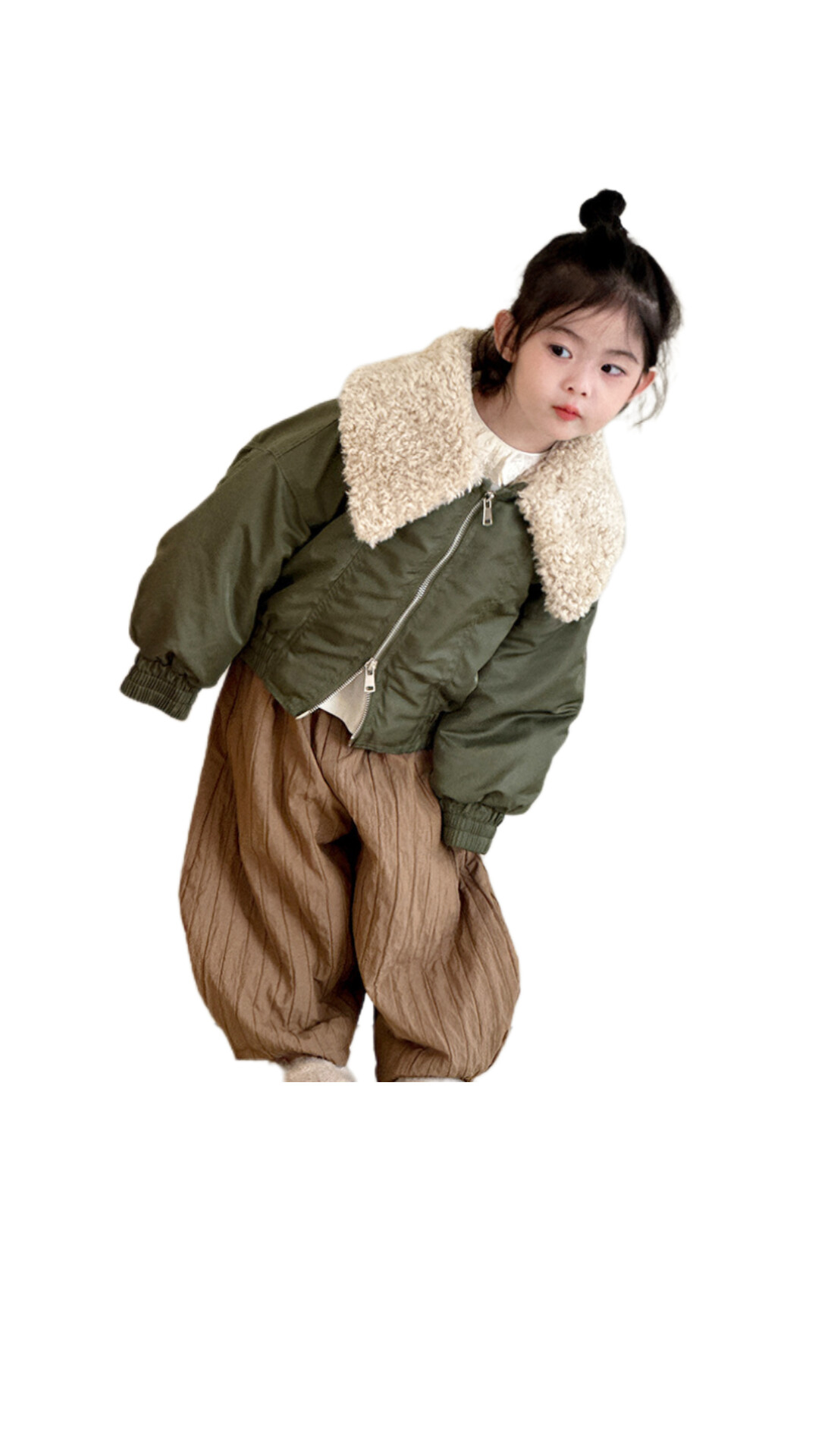 韓版男女童毛毛大翻領夾克(軍綠/黑)