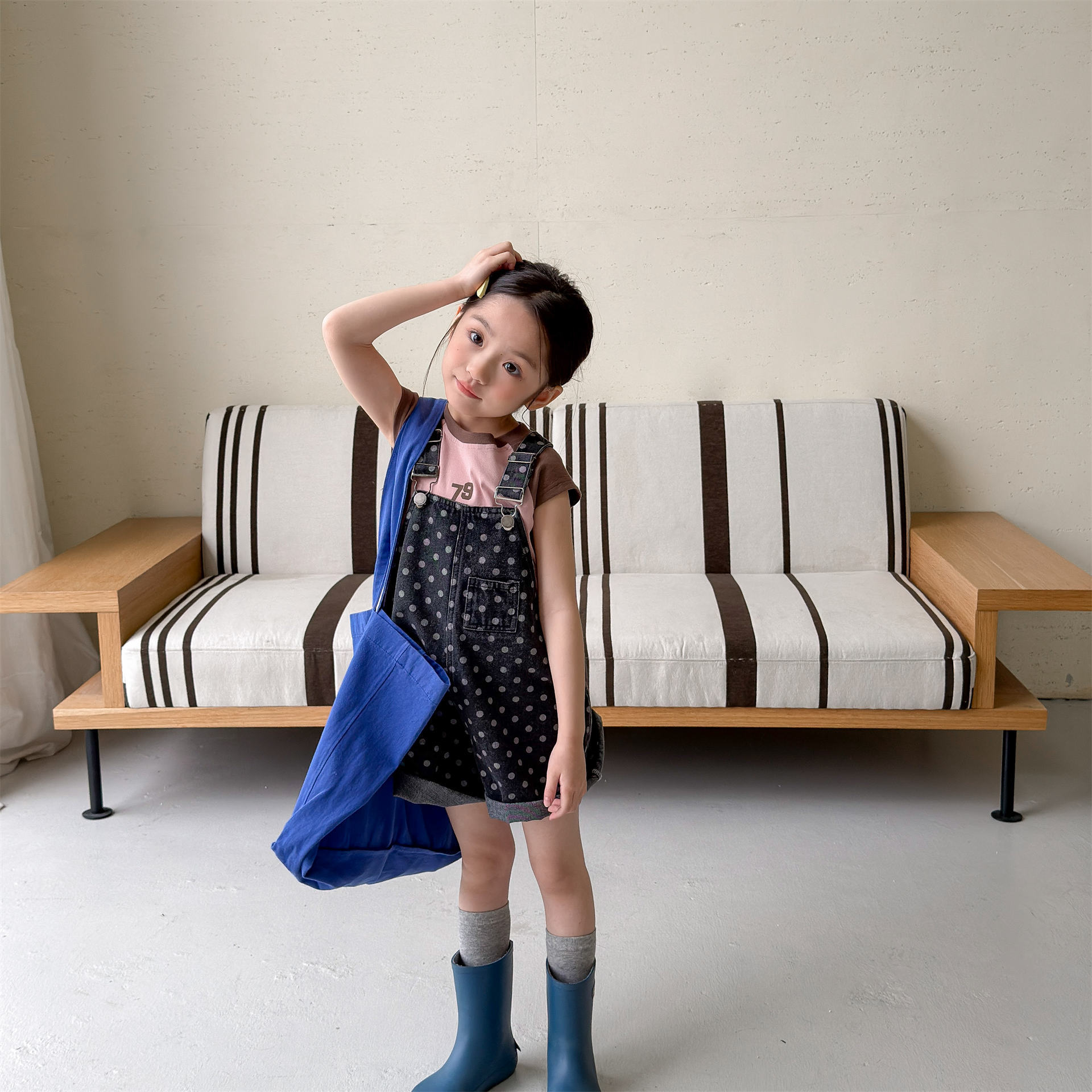 男女童吊帶牛仔短褲 (藍星星/黑點點)