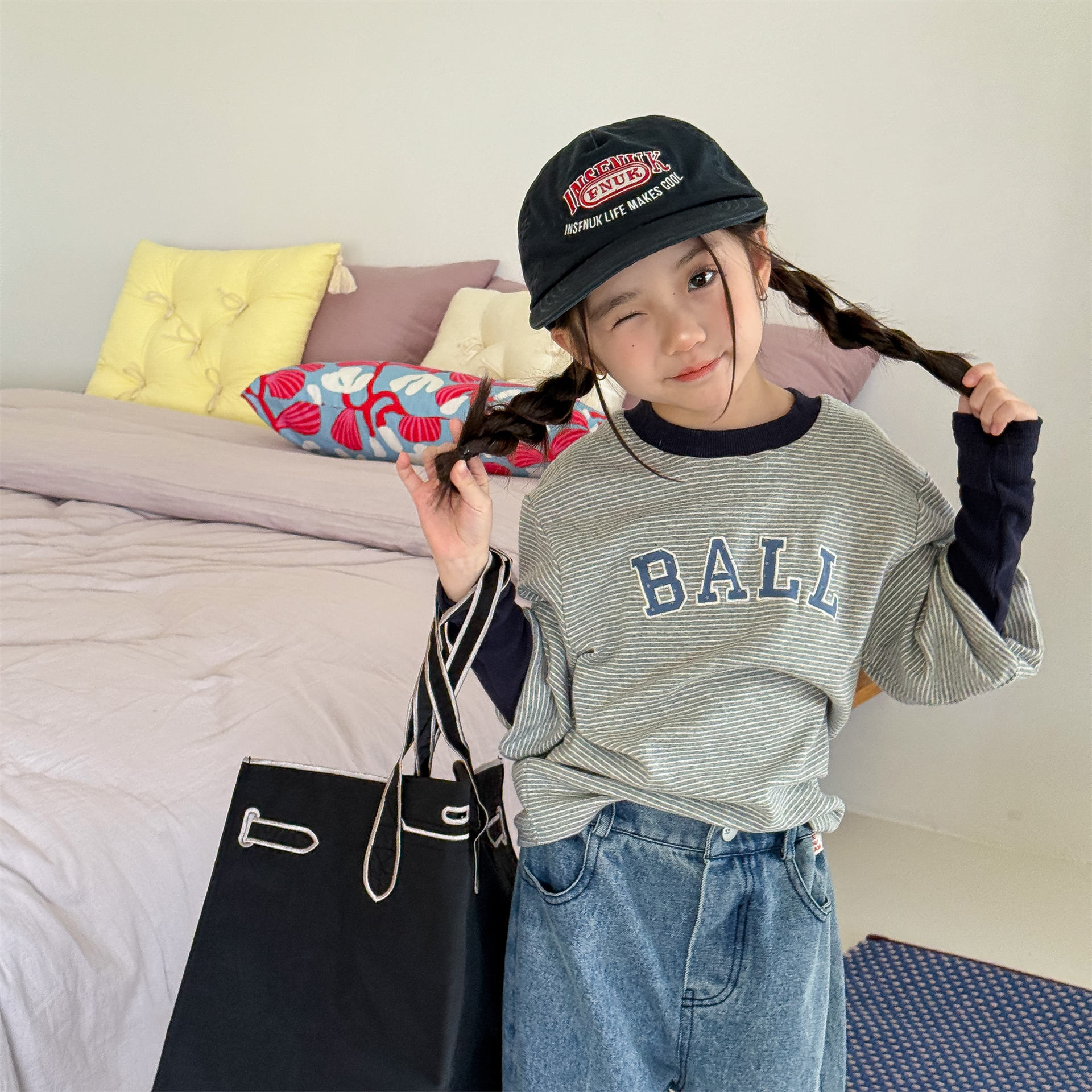 男女童長縮口造型長t (紅/灰)