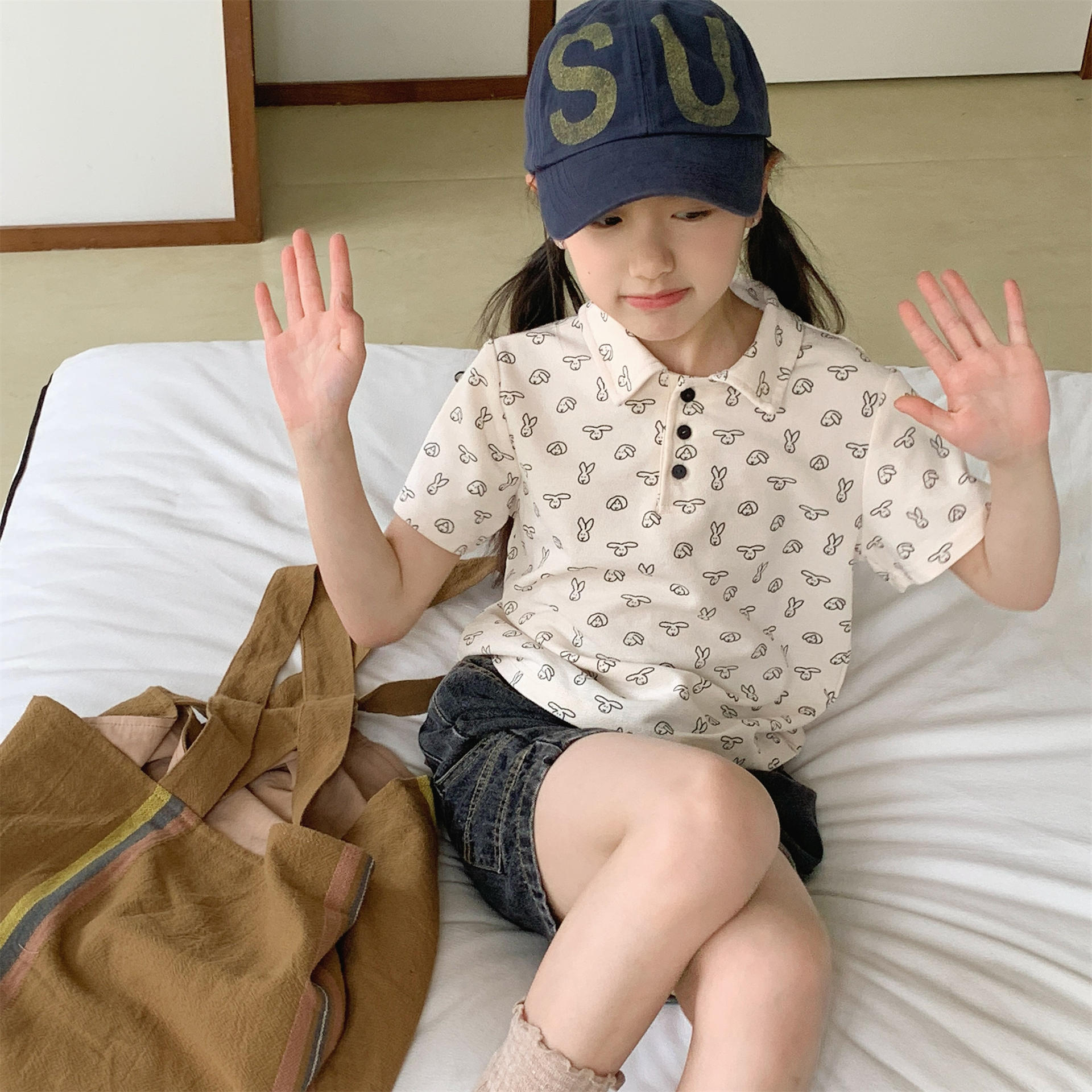 男女童兔子polo衫 (米/藏青)