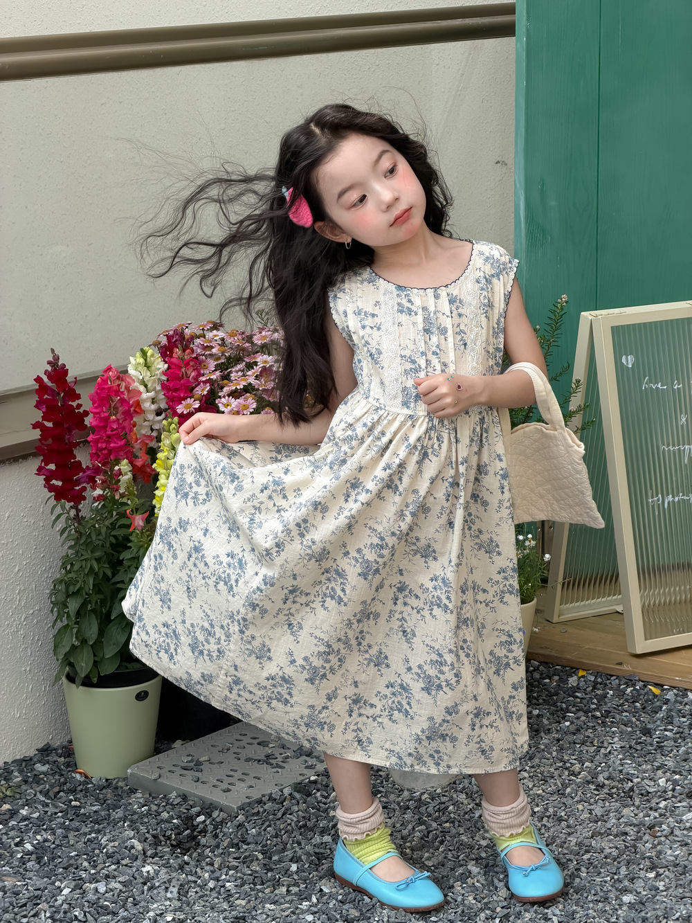 碎花寬鬆花邊背心裙