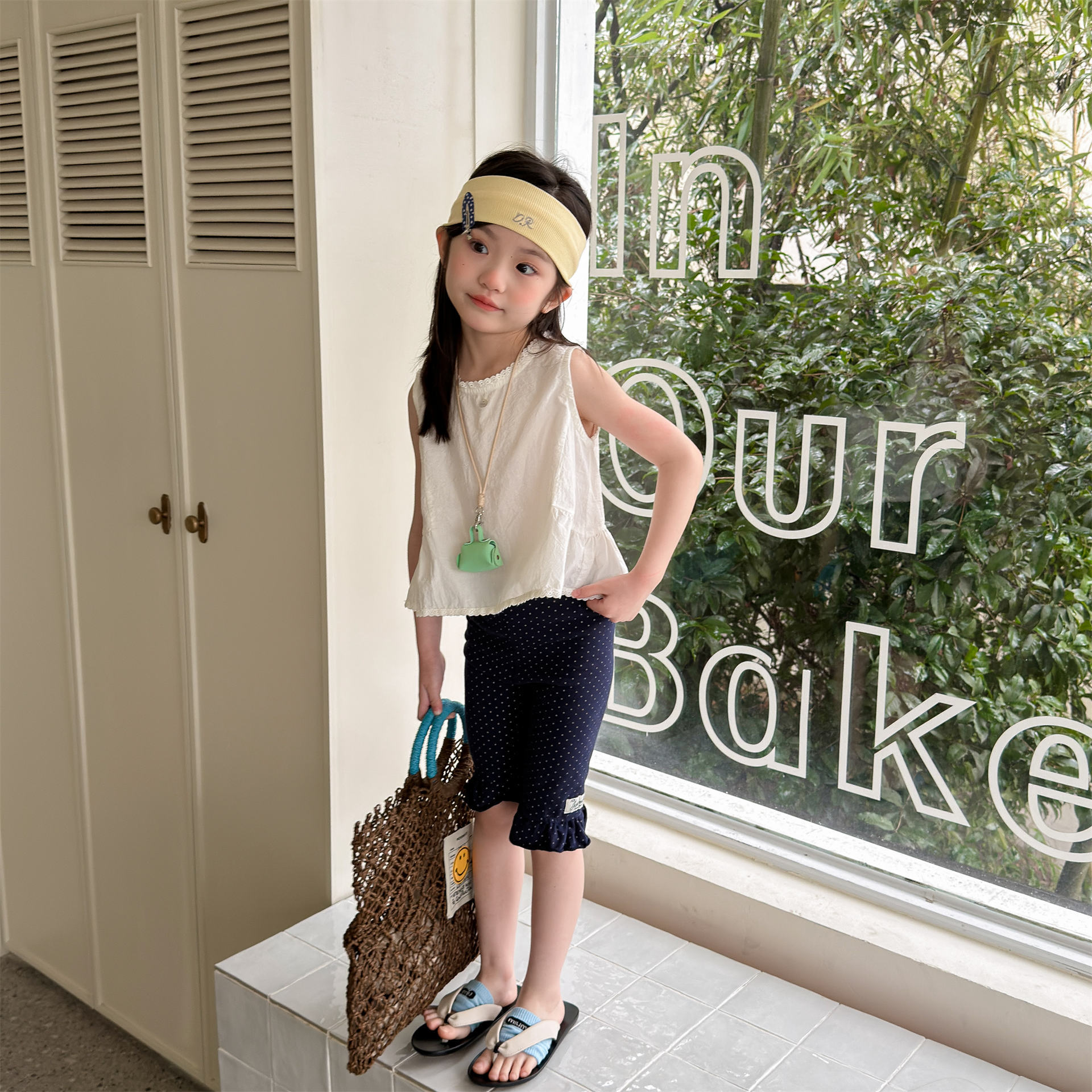 高腰裙邊五分褲 (點點藏青/淺藍)