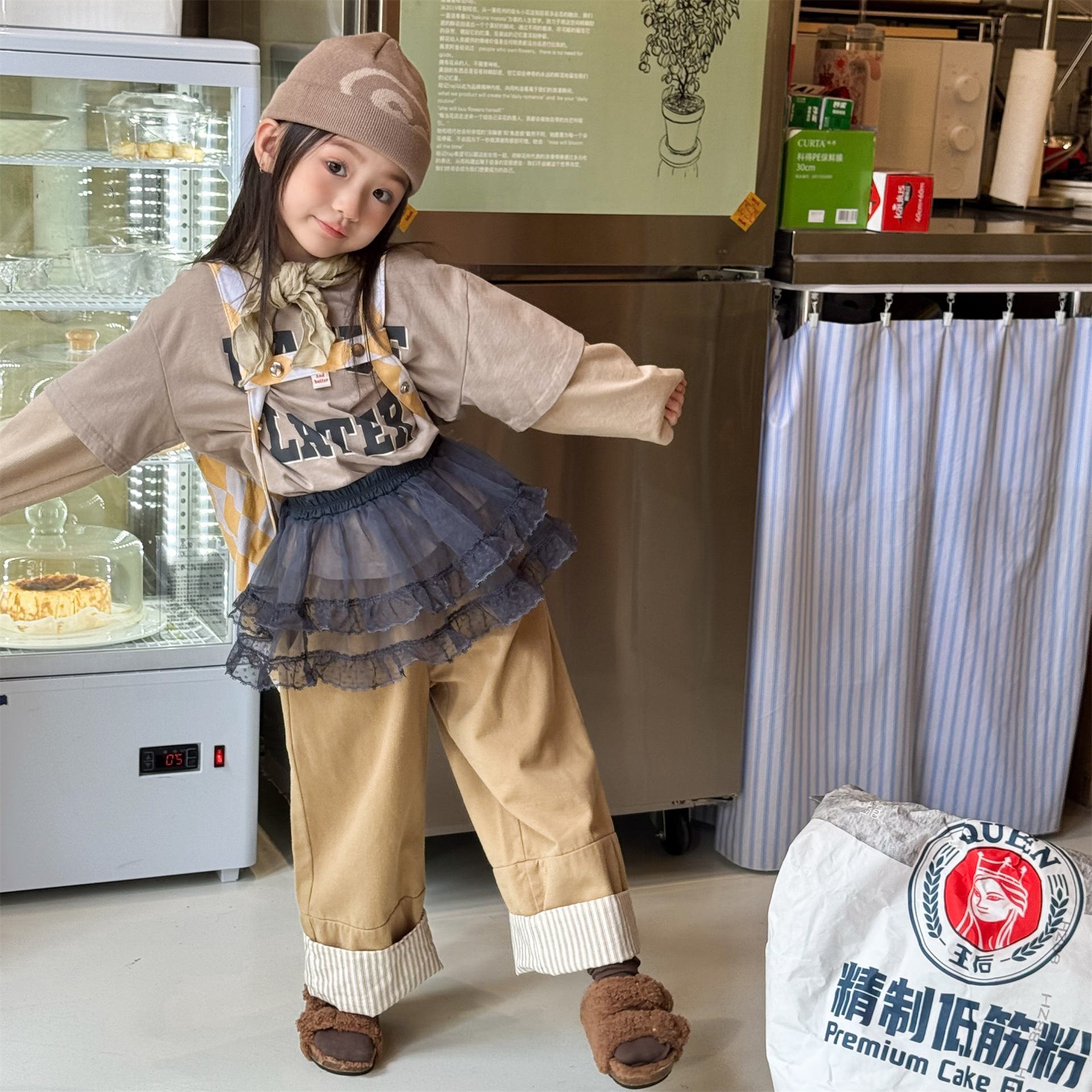 男女童條紋反折寬裤 (藏青/卡其)