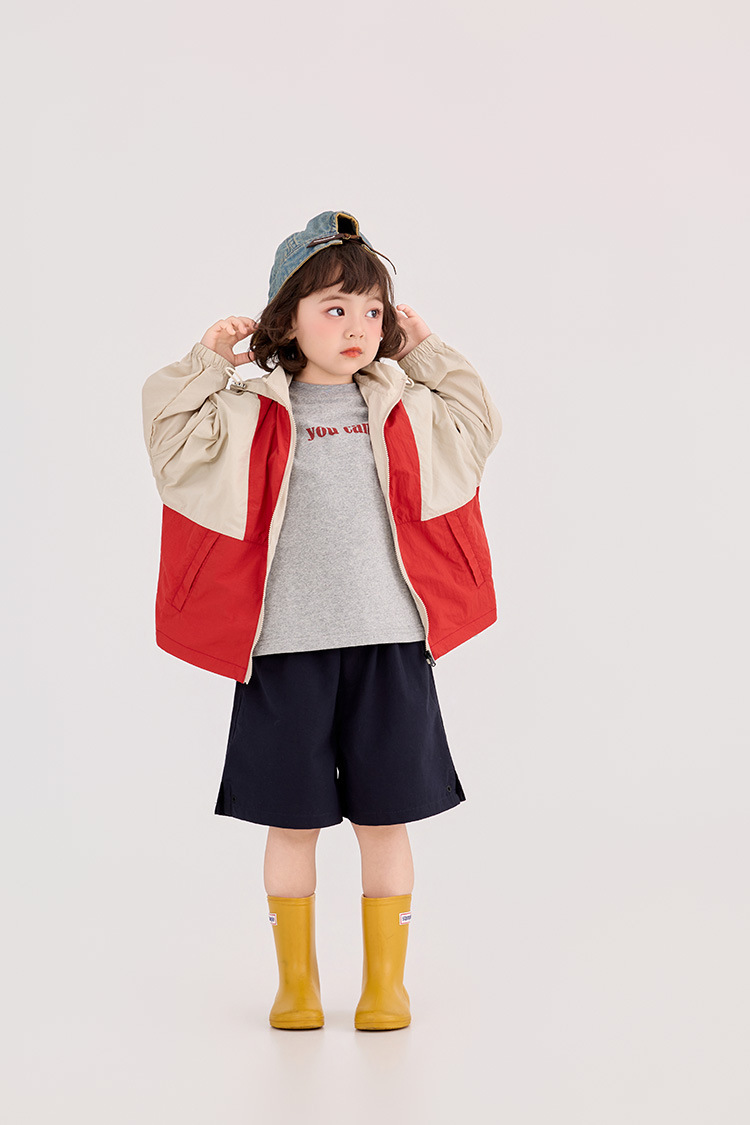 男女童拼色輕薄外套 (黑/紅)