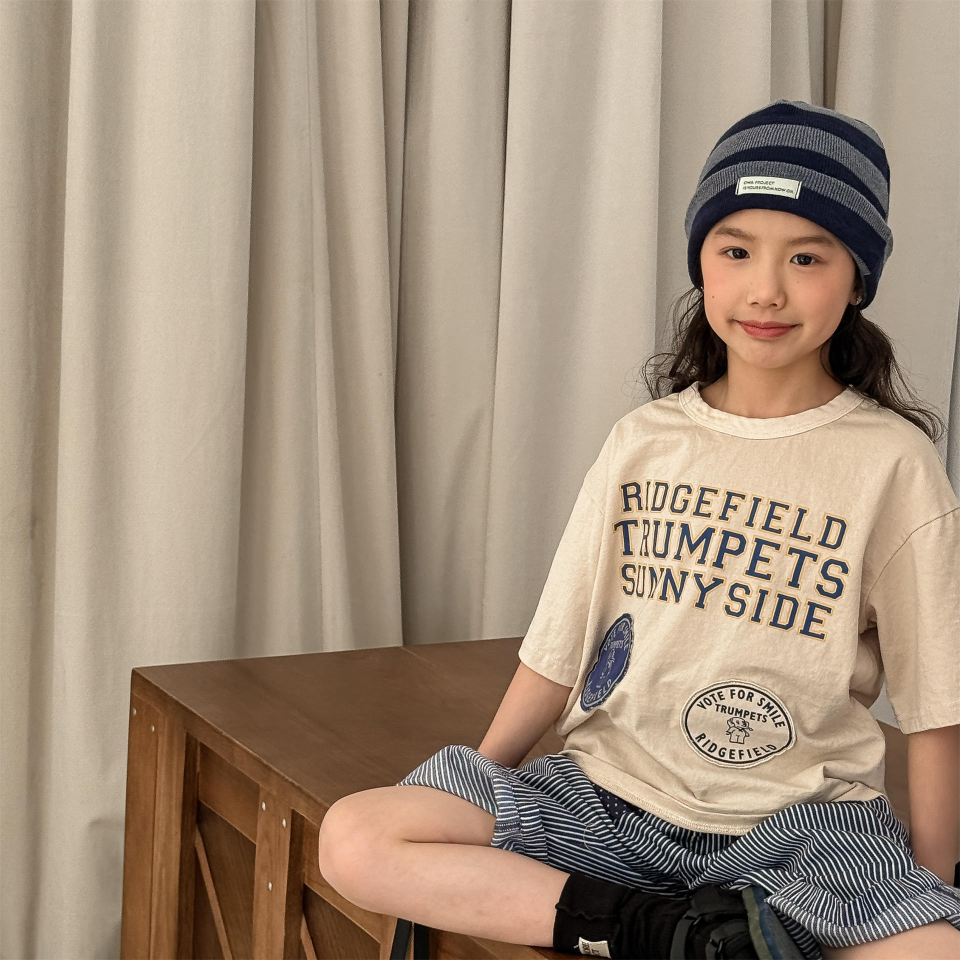 男女童印花短T (米/藍)