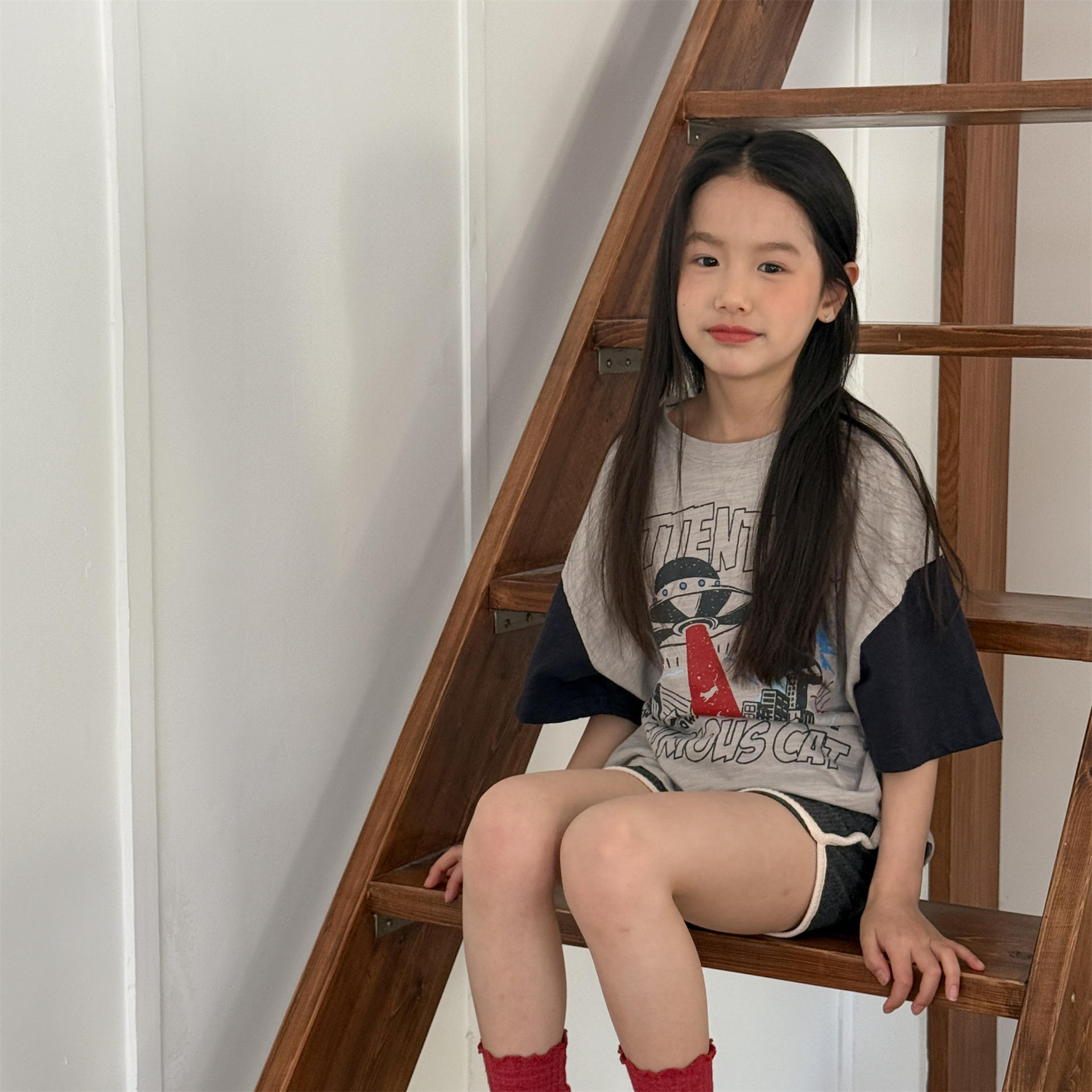 男女童飛碟短T (淺灰/黑灰)