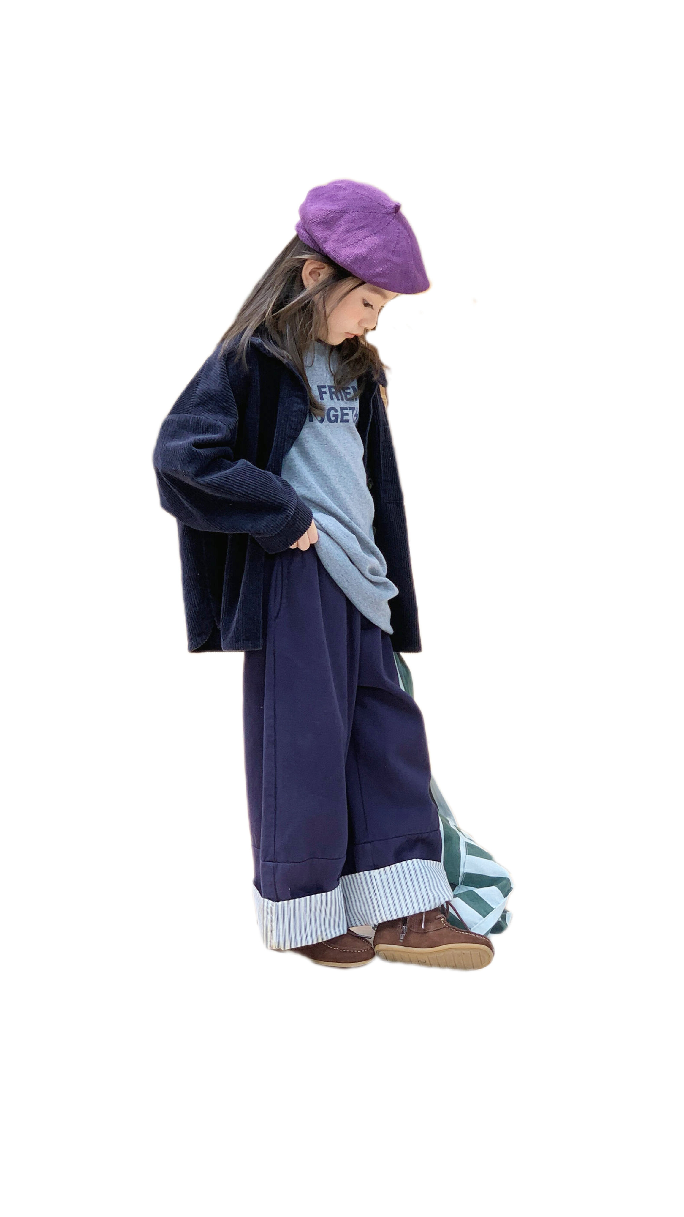 男女童條紋反折寬裤 (藏青/卡其)