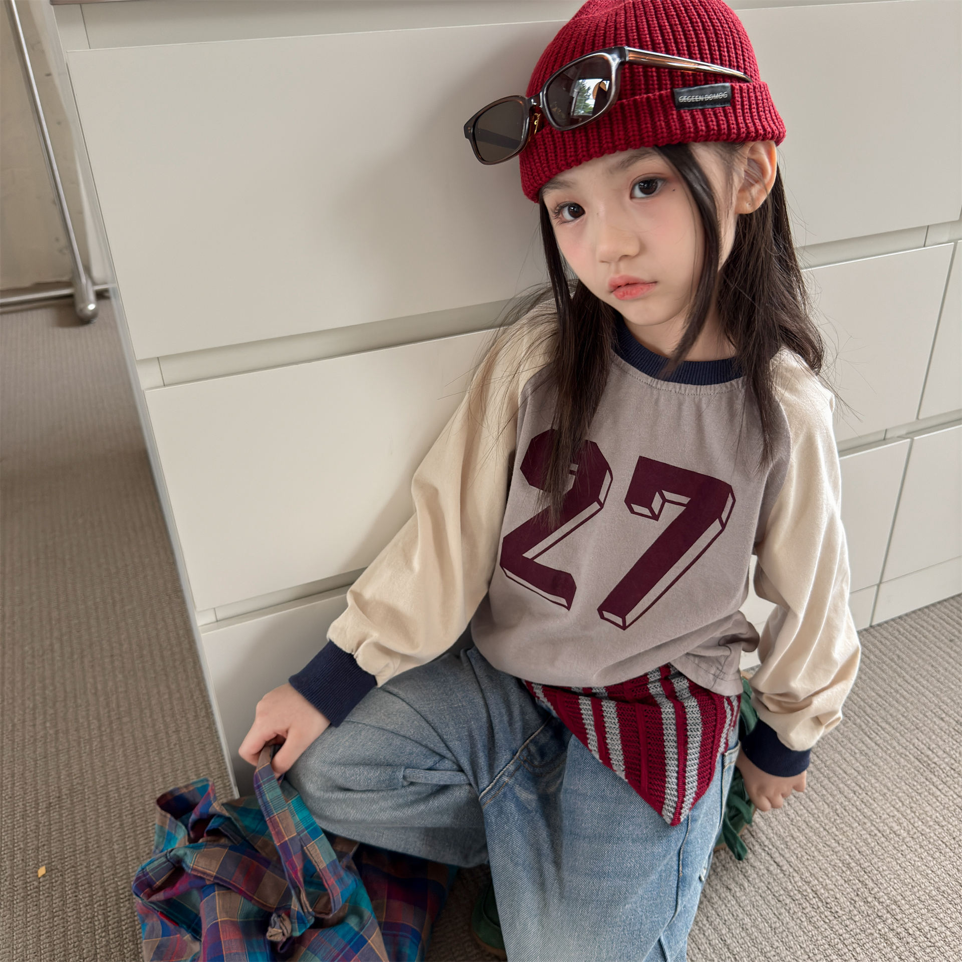 男女童27撞色上衣 (灰綠/藍咖/咖杏)
