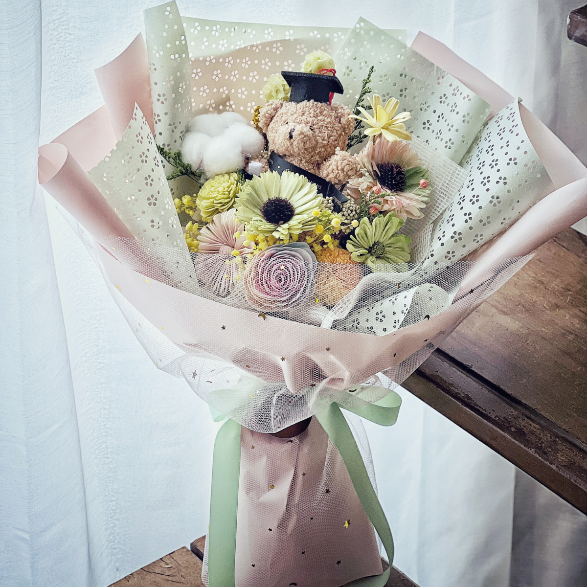畢業小熊乾燥花束(大）