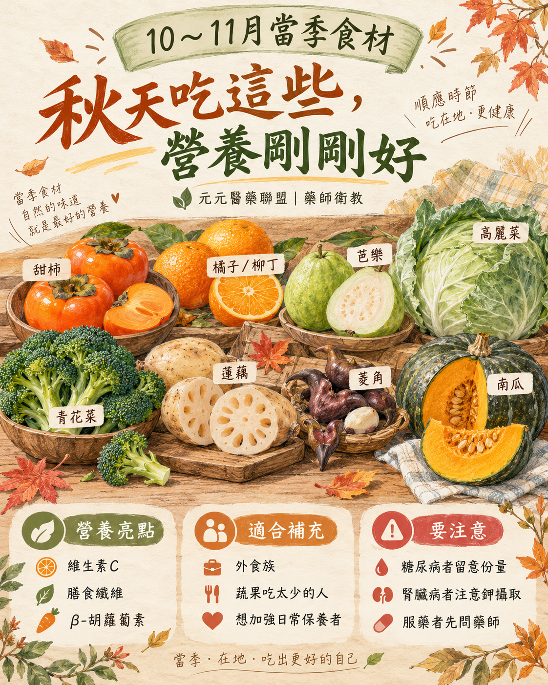 10～11月當季蔬果推薦｜12種秋季食材營養、適合族群與飲食禁忌｜元元醫藥聯盟  複製標題