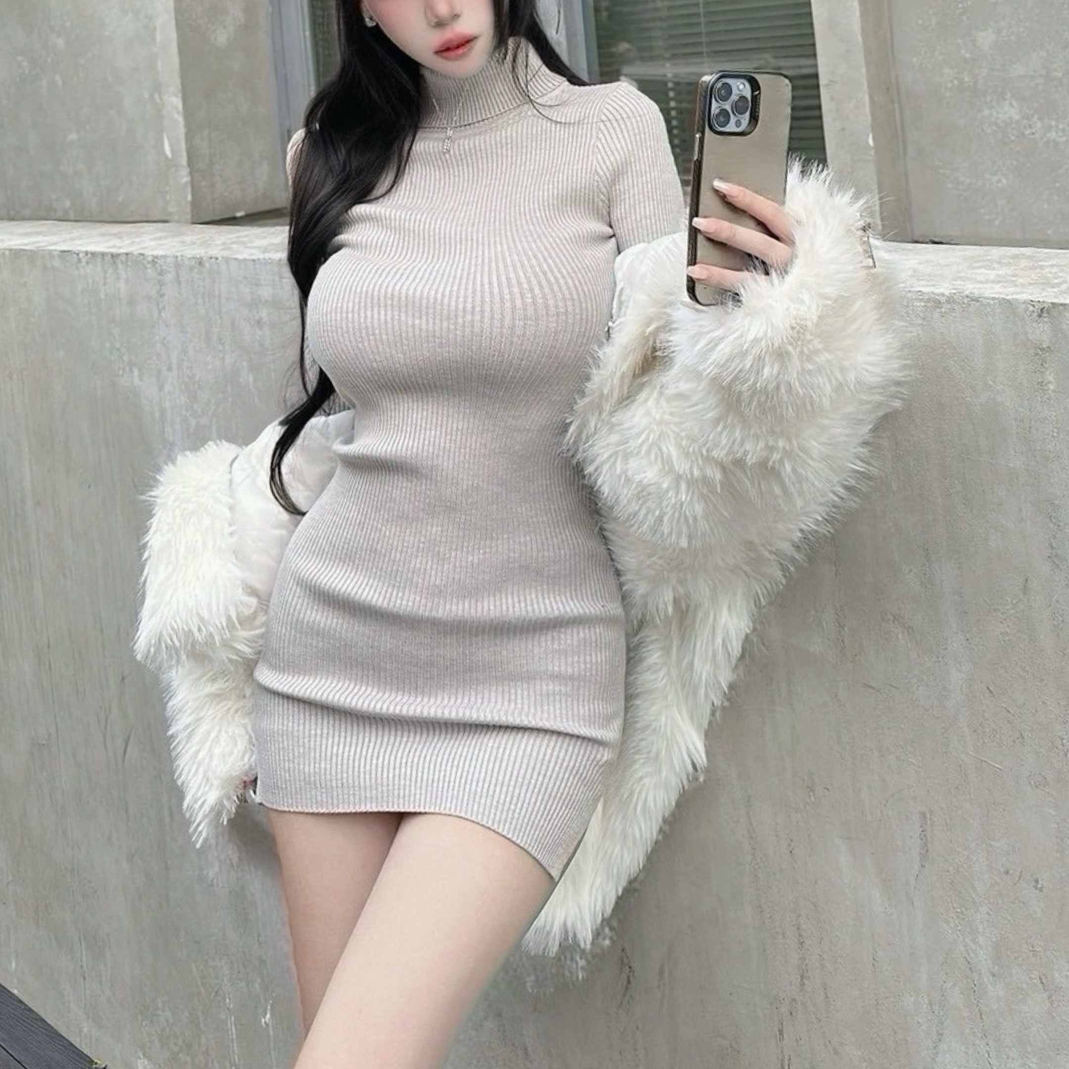 高領針織合身包臀洋裝｜四色