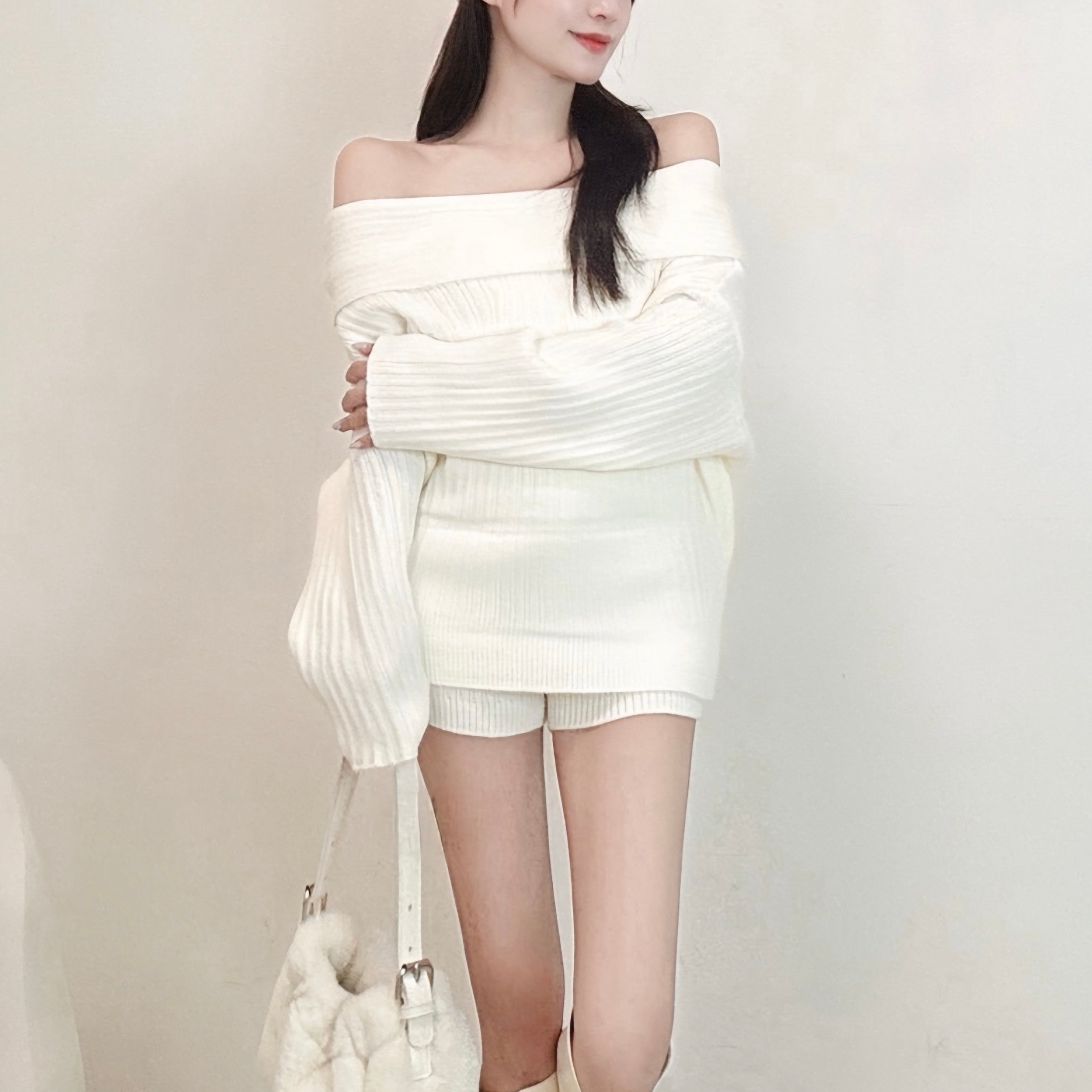 針織寬鬆平口毛衣+短褲套裝｜四色
