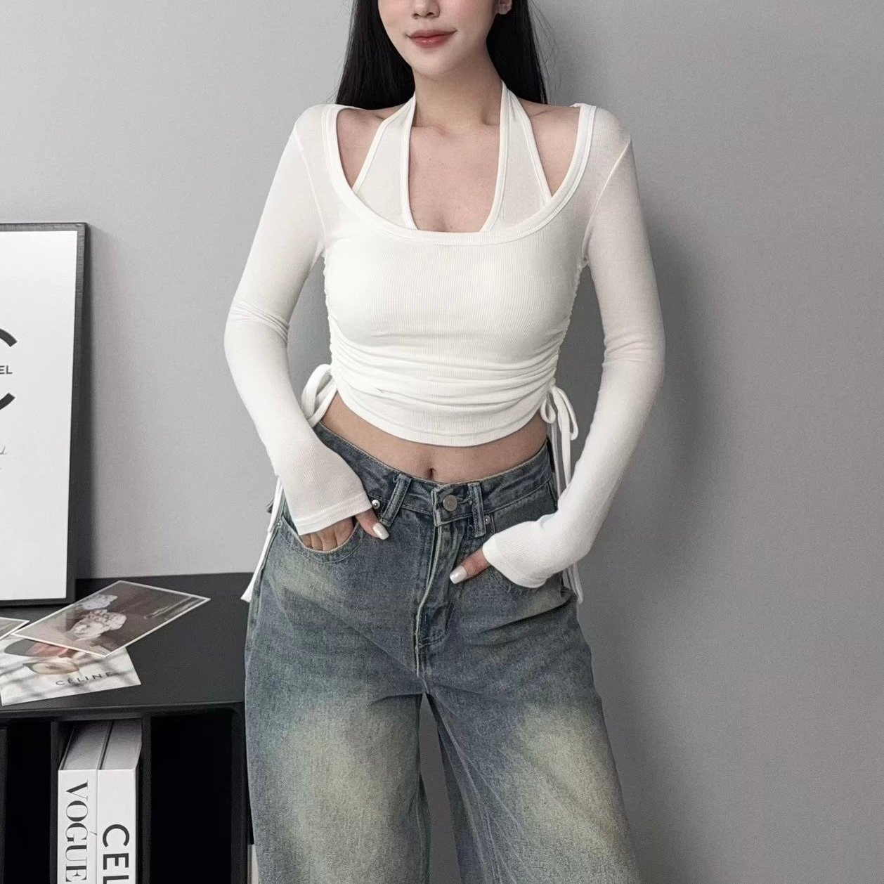 掛脖罩杯背心+側抽繩長袖上衣｜四色