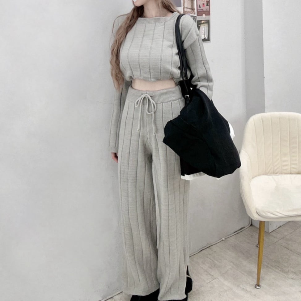 針織圓領長袖+綁繩長褲套裝