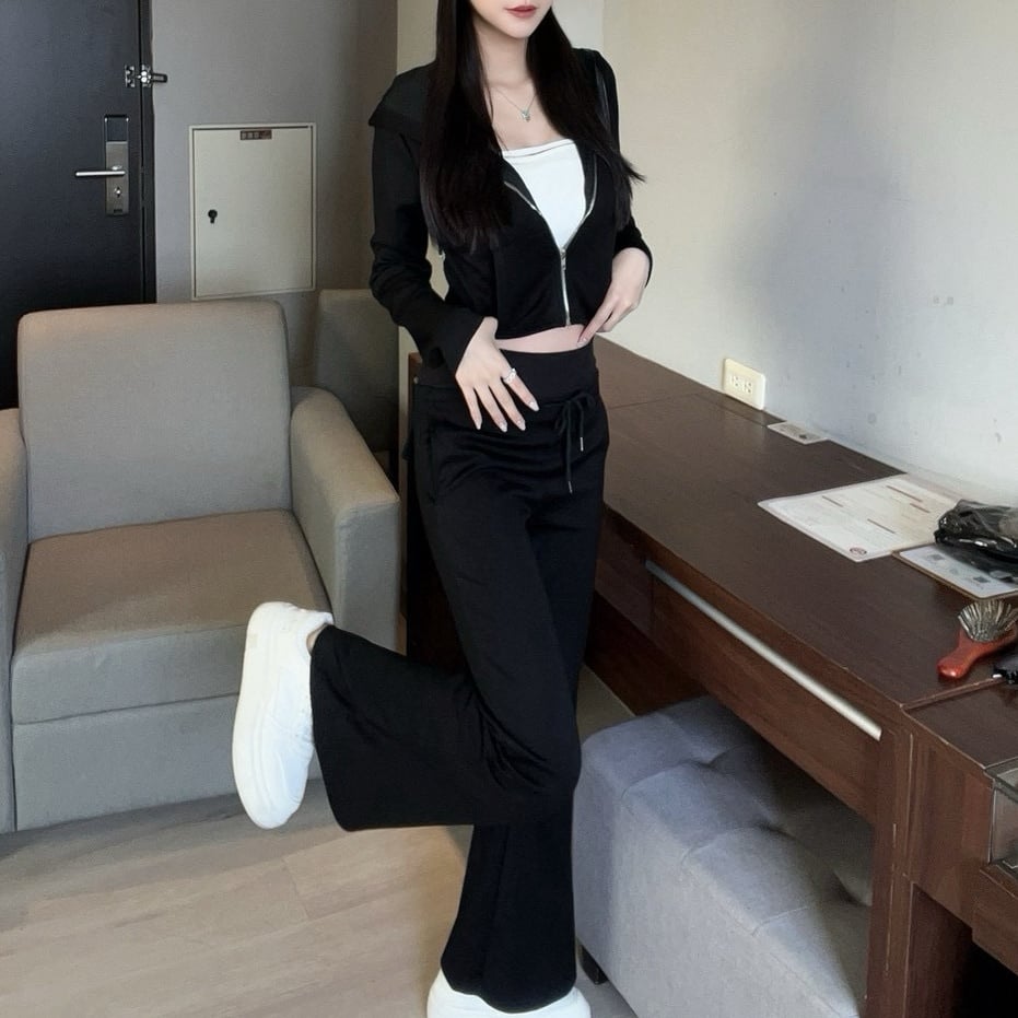 後綁帶連帽外套+簍空平口+喇叭長褲套裝｜三色