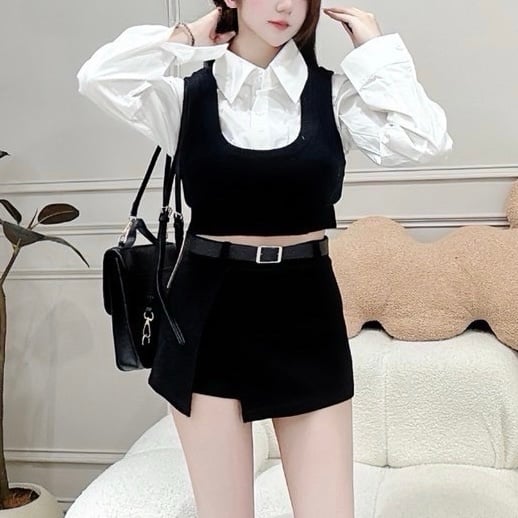 針織背心毛衣襯衫假兩件上衣｜三色