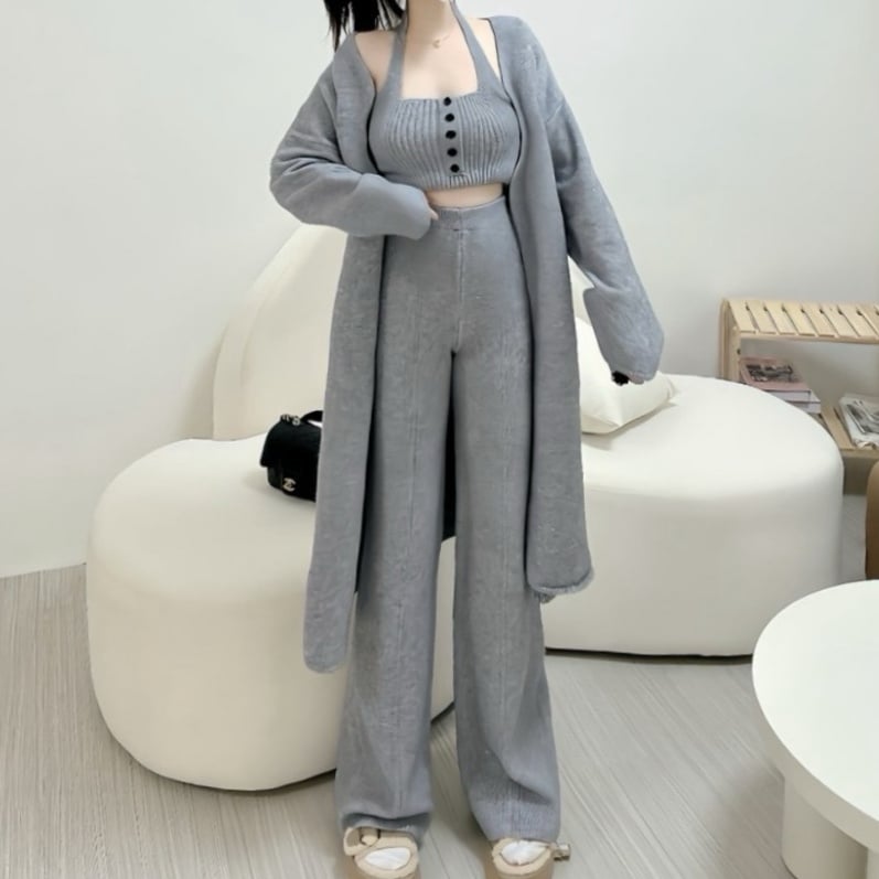 厚磅針織排釦掛脖背心+喇叭褲+長版針織外套套裝｜三色