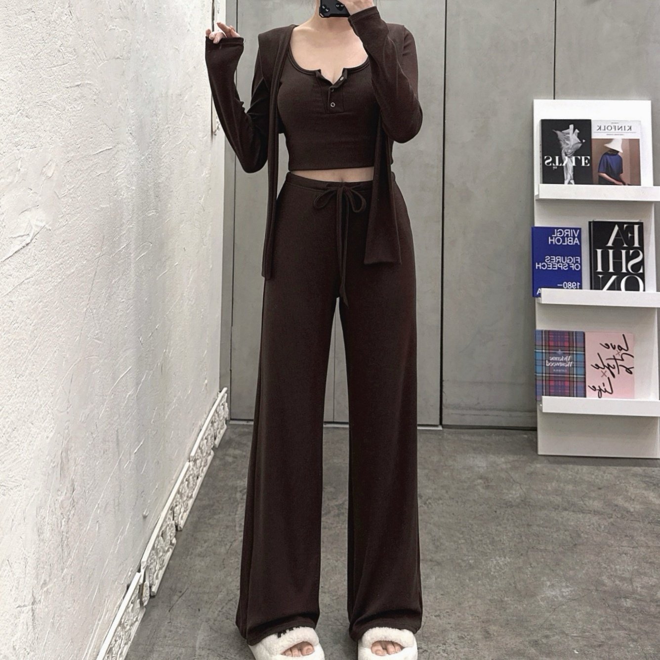 排釦罩杯長袖+披肩+喇叭長褲套裝｜三色