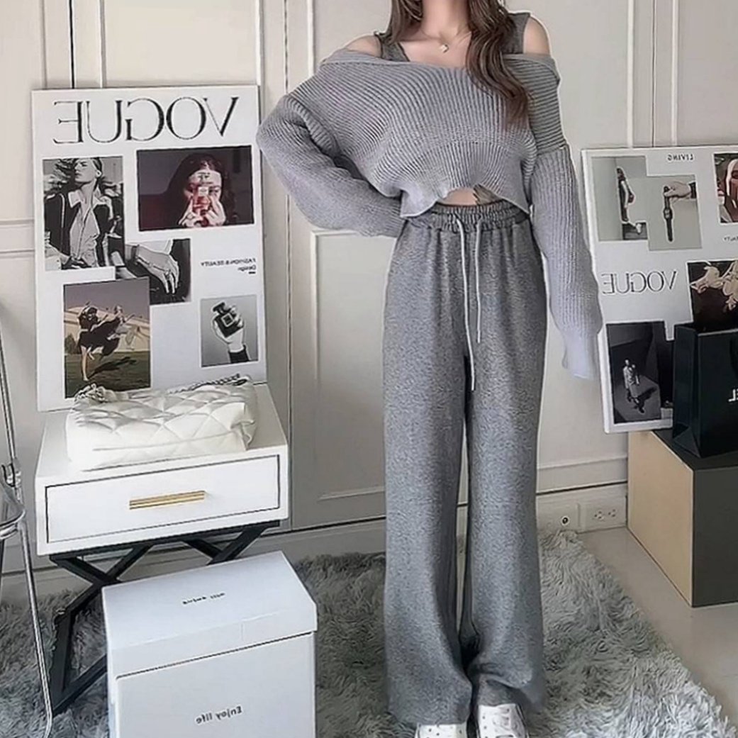 背心+落肩粗針毛衣+直筒寬褲套裝｜三色