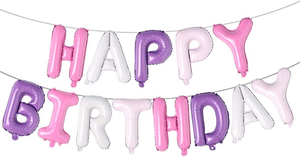 16吋 紫粉白生日快樂字母氣球