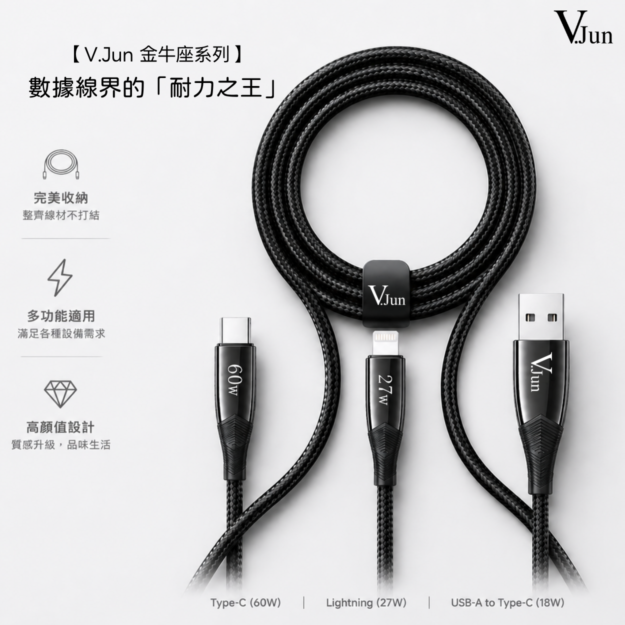 【V.Jun 金牛座數據線 】尼龍編織線 鋅合金 Type-C / Lightning / USB-A 充電線 傳輸線