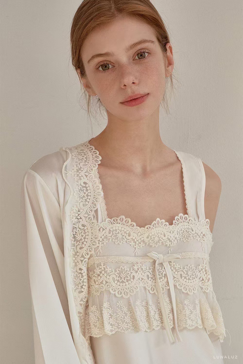 韓國 LUNA 法式蕾絲蝴蝶結兩件式外套長裙洋裝睡衣